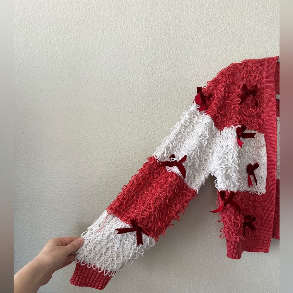 Mighty Fine Striped Red & White Bow Cardigan Sweater Women’s Size L - Picture 7 of 15